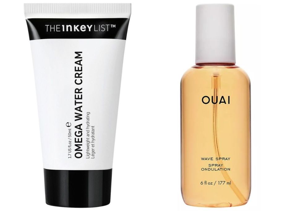 Stock images of an Inkey List skincare product and a OUAI texturizing spray.