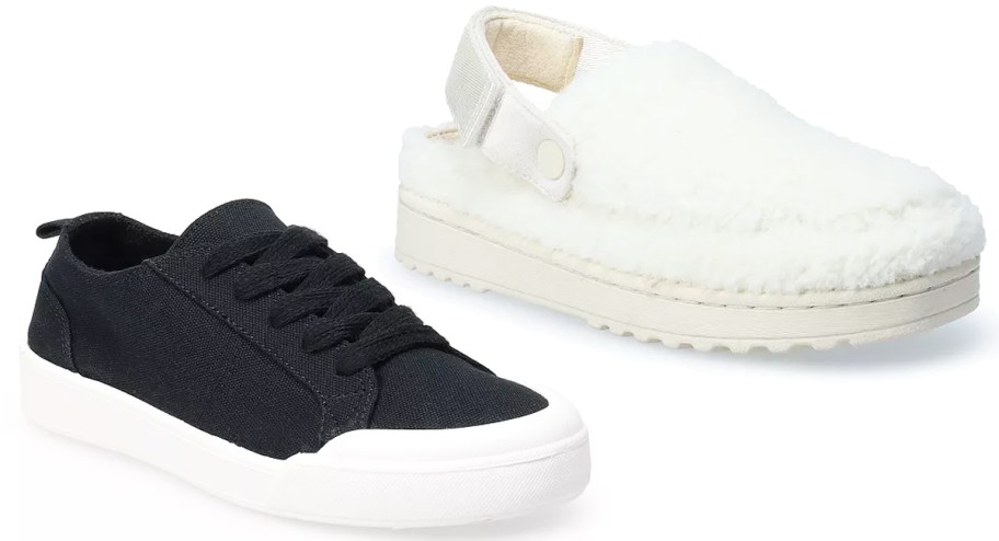 black sneakers and white clogs