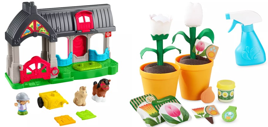 Fisher-Price horse stable and Melissa & Doug flowers playsets