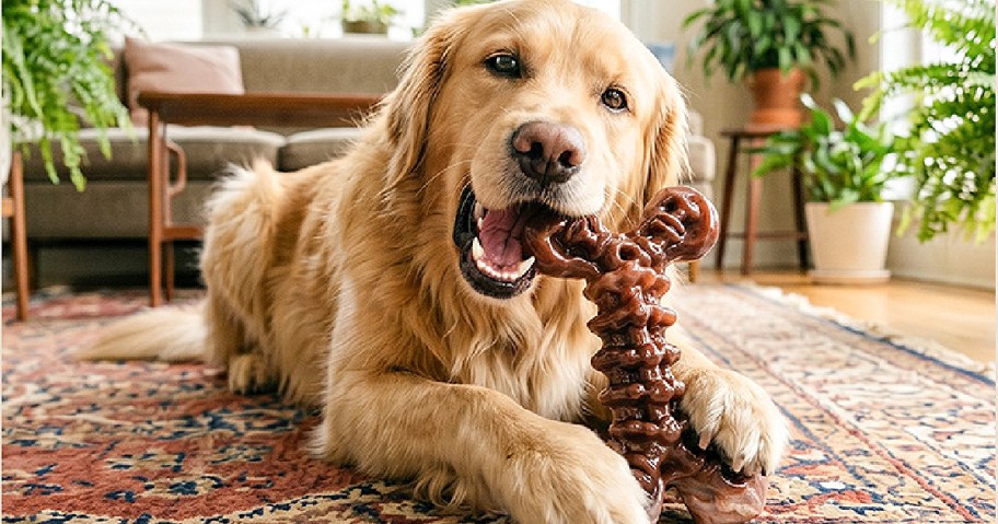 A golden retriever lying on a rug and chewing on a brown, durable bone-shaped toy indoors.