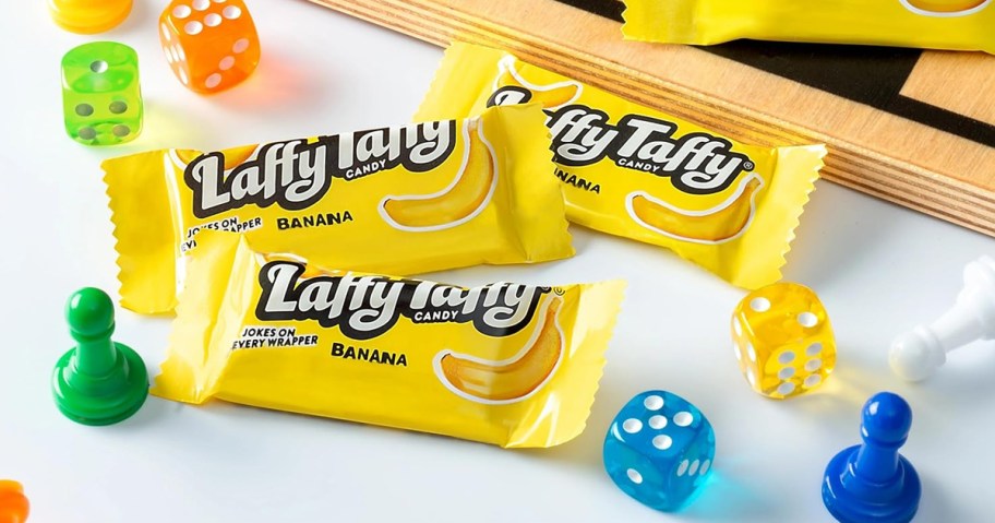 Laffy Taffy Banana bars near game pieces