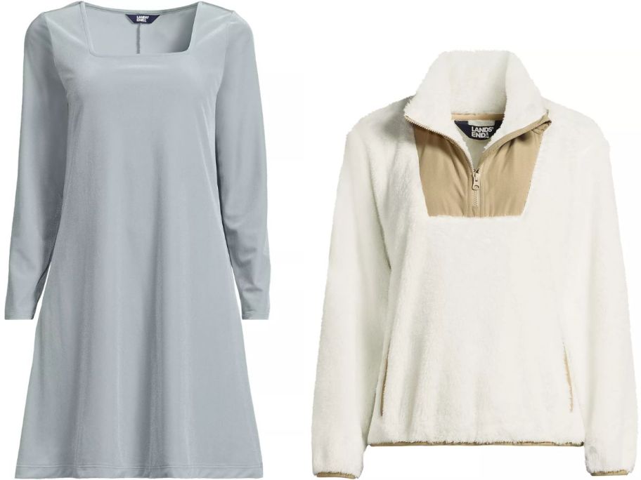 Stock images of a lands end women's dress and fleece jacket