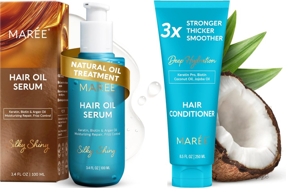 blue bottles of hair serum and conditioner