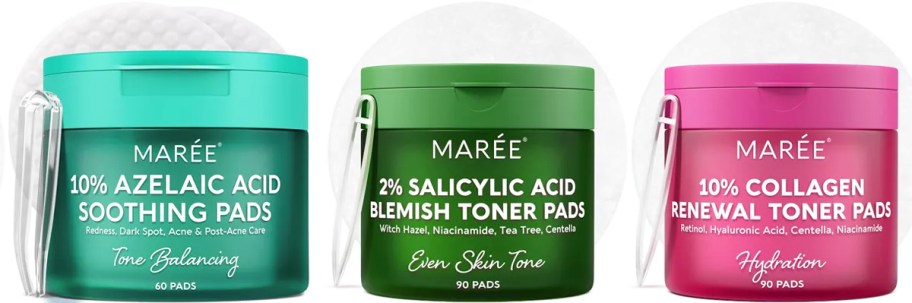 teal, green, and pink jars of facial skincare pads