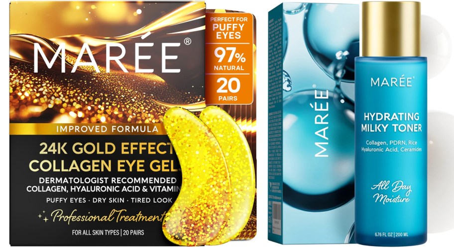 gold eye masks and bottle of milky toner