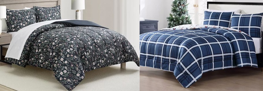 floral and plaid print comforters on beds