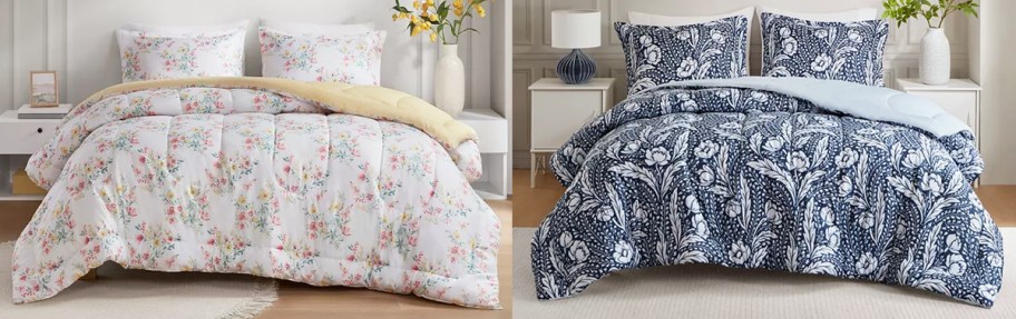 white and blue floral print comforter sets on beds