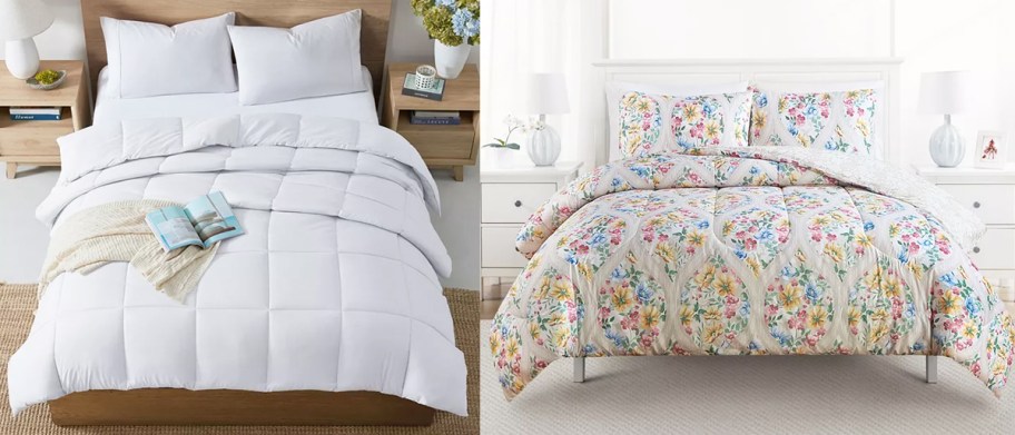 plain white and floral print comforter sets on beds