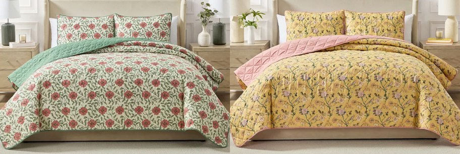 floral print quit sets on beds