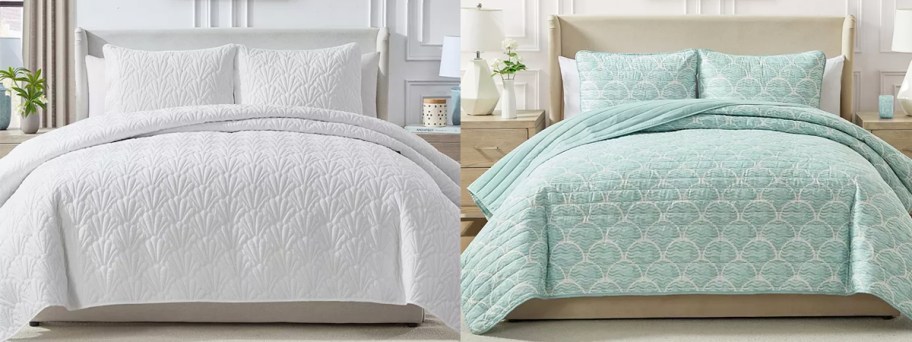 white and blue quilt sets on beds