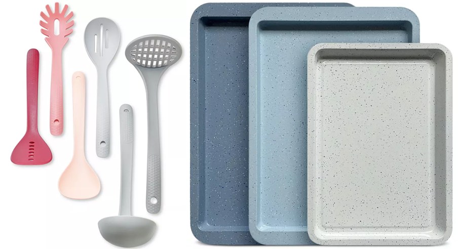 utensil set and blue sheet pans set