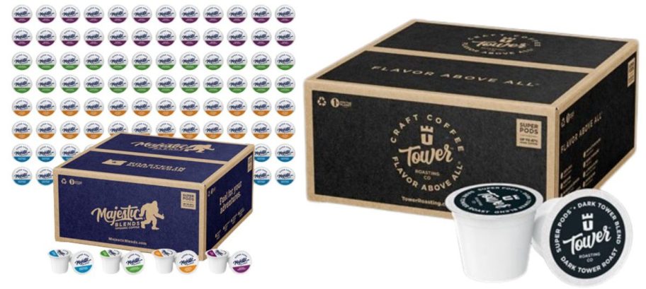 Majestic Blends Organic K-Cups 96-Count Variety Pack and Tower Roasting Coffee Organic Super Pods 96-Count
