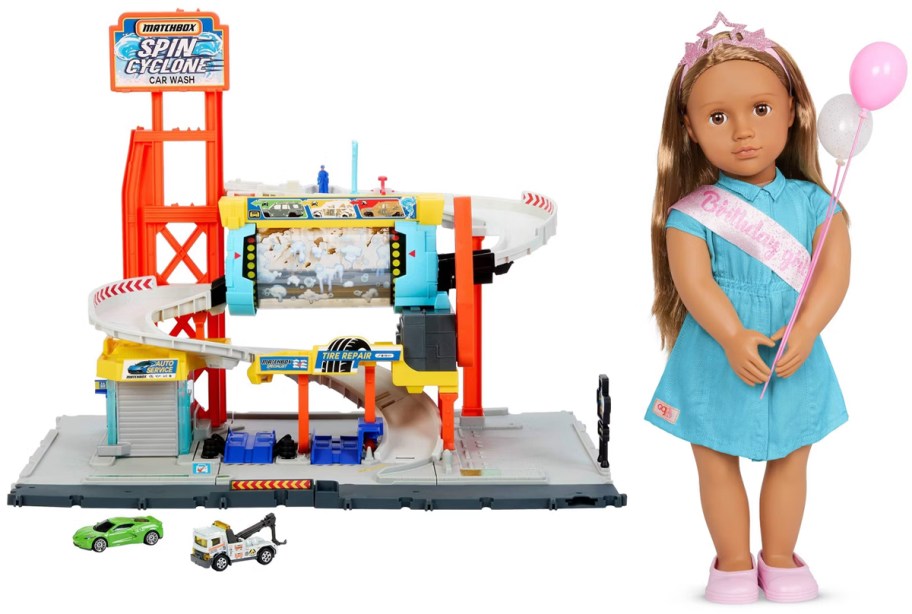 Matchbox Super Auto Center Toy Vehicle Playset and Our Generation Anita 18 Birthday Party Doll