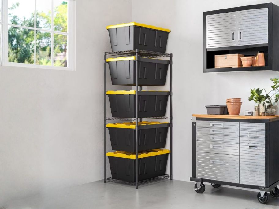 Member's Mark 5-Tier Storage Tote Rack in garage