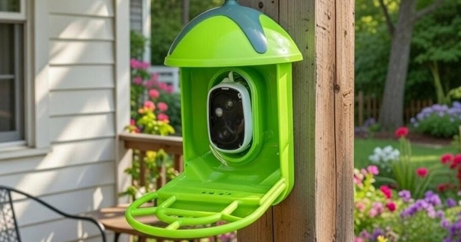 green bird feeder attached to wood post on porch