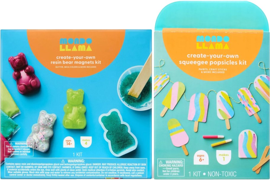 Two colorful Mondo Llama craft kits: one for resin bear magnets, featuring bears and glitter, and another for squeegee popsicles with pastel paints.