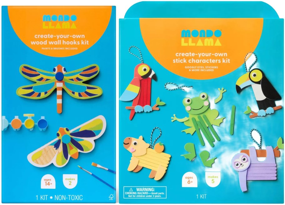 Colorful Mondo Llama craft kits displayed. Left: Wood wall hooks kit with dragonfly and butterfly designs. Right: Stick characters kit with a parrot, frog, and more.