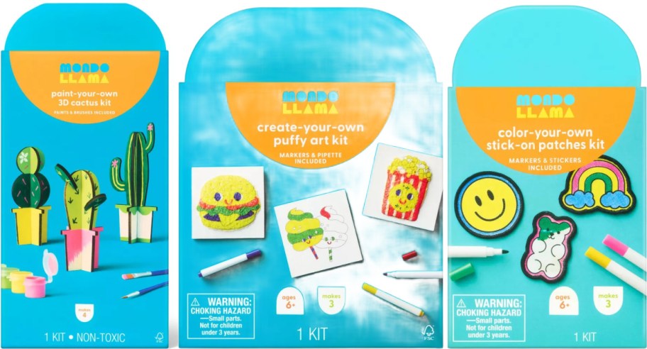 Three Mondo Llama art kits. The kits include a 3D cactus painting kit, a puffy art kit, and a stick-on patches kit. Each kit displays colorful and playful designs, complete with markers and stickers.