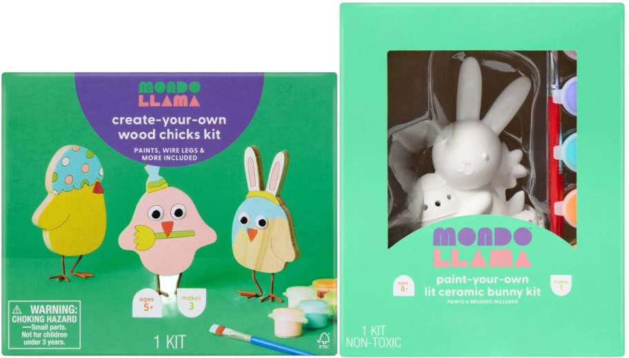 Two colorful Mondo Llama kits: one for creating wood chicks, another for painting a ceramic bunny. Includes paints, brushes, and accessories.