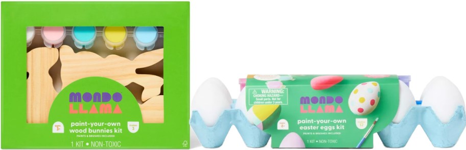 Two Mondo Llama paint kits displayed - a wood bunnies kit with colorful paints on the left and an Easter eggs kit with a carton of white eggs on the right.
