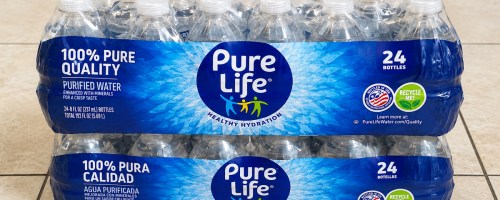 two stacked cases of Nestle Pure Life Water Bottles