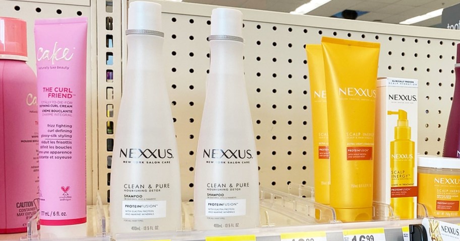 bottles of nexxus shampoos on store shelf