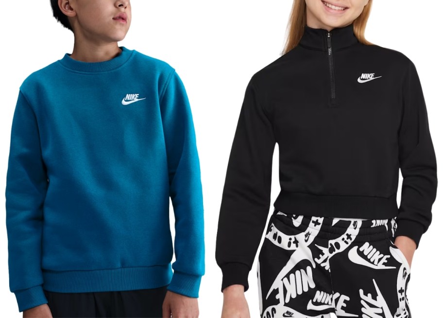 two kids in 2 different styles and colors of nike sweatshirts