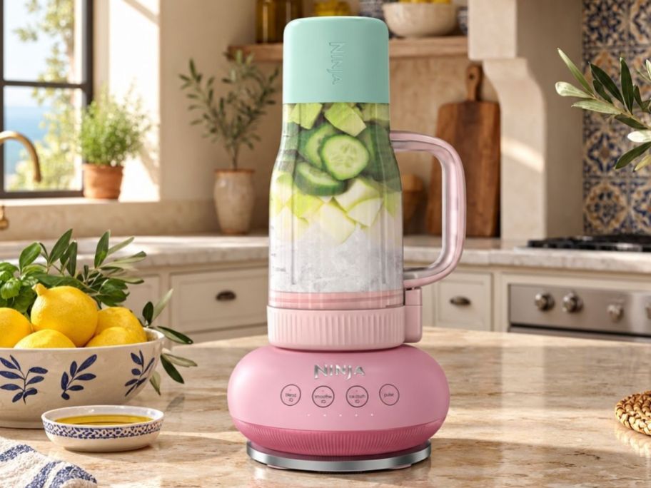 pink peppercorn Ninja blender boss on top of a kitchen island