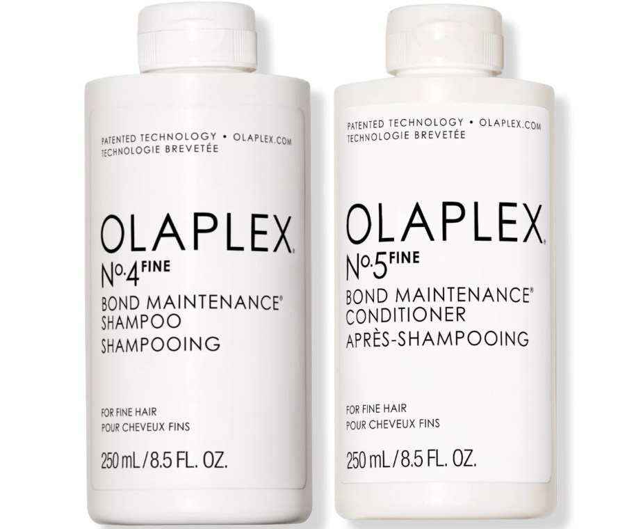 bottles of olaplex shampoo and conditioner for fine hair