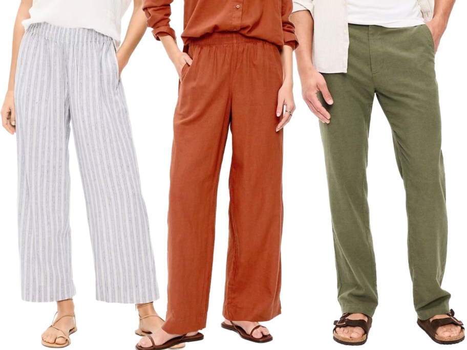 Stock images of two women and a man wearing Old Navy Linen Blend Pants