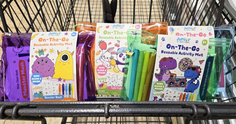 kids activity mat and marker sets in a shopping cart