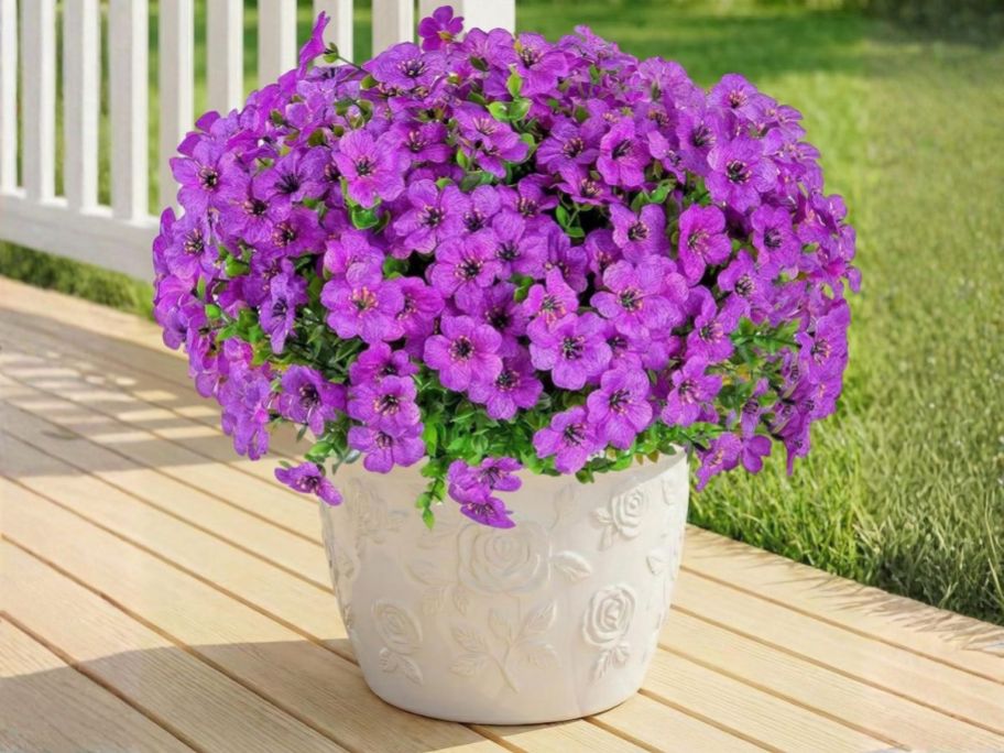 purple Outdoor Artificial Flowers in pot on porch
