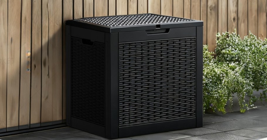 gianna outdoor deck box on patio in black