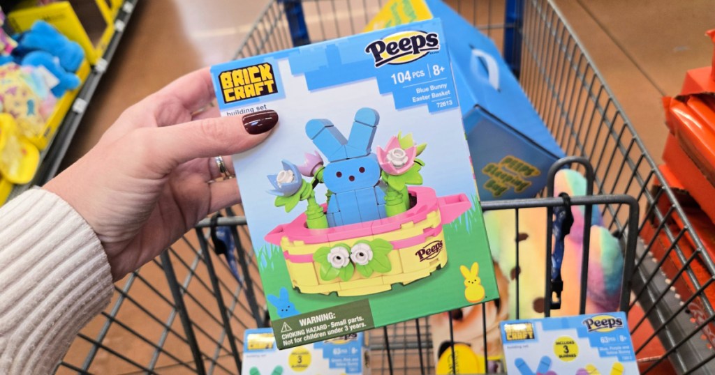 Hand holding up blue peeps, brick craft Easter set in Walmart store