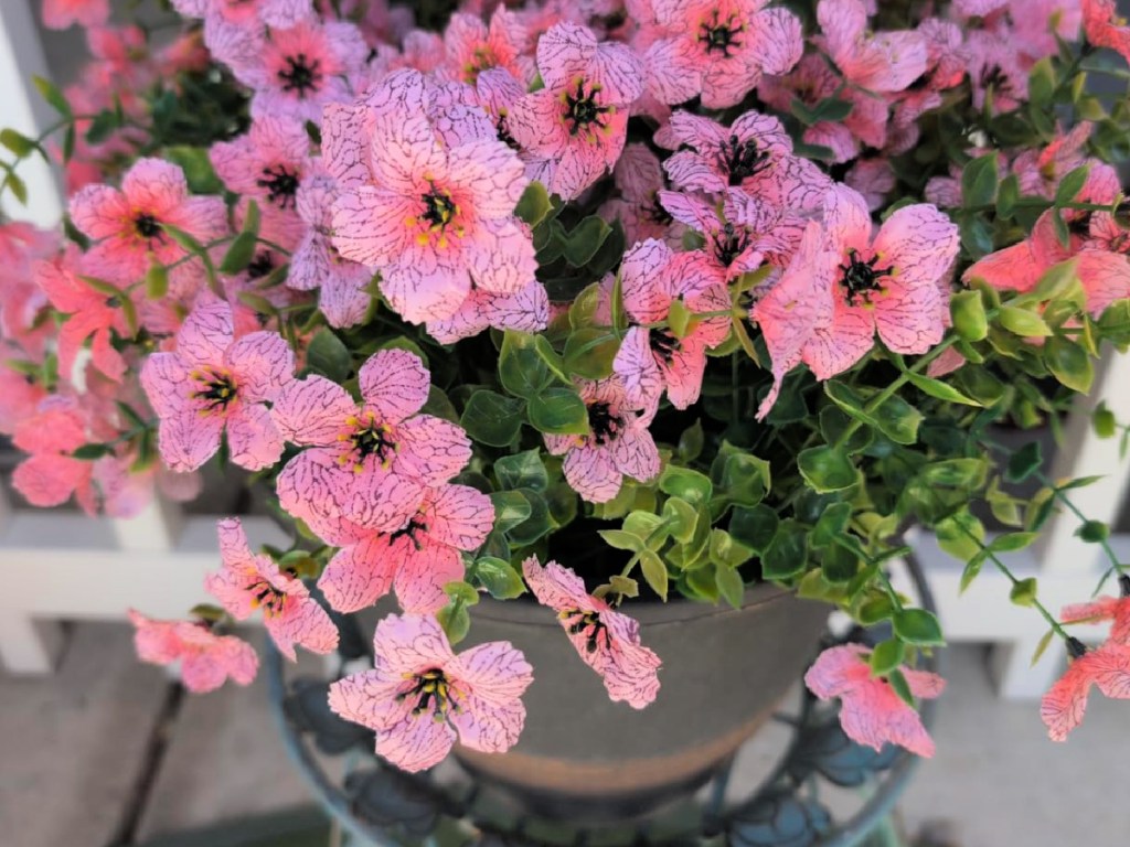 Pink, artificial flowers, in pot