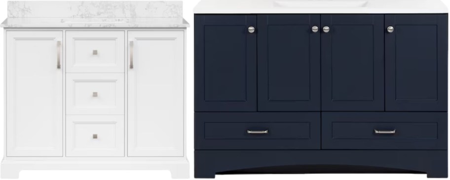 white and navy blue single sink vanities