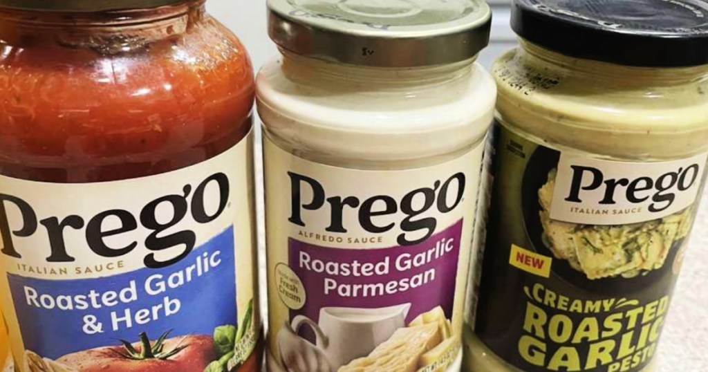 Three different jars of Prego pasta sauces