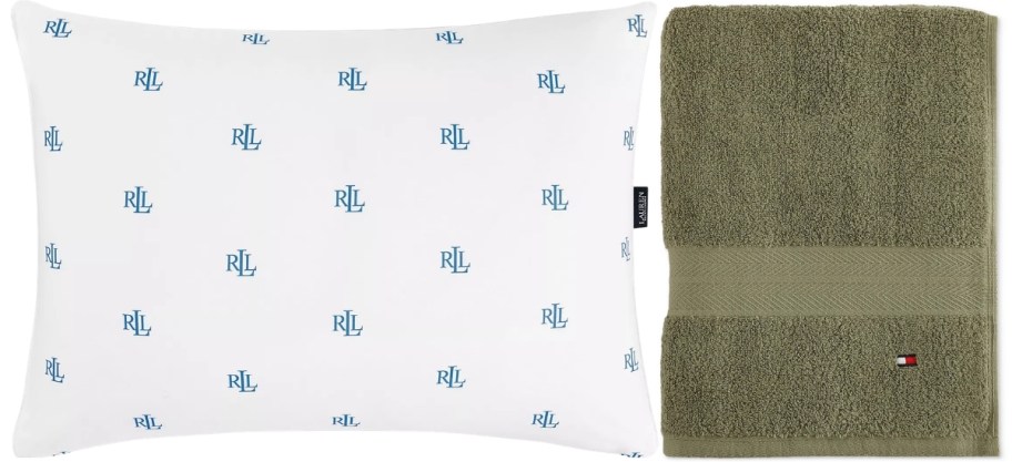 a bed pillow and a green bath towle