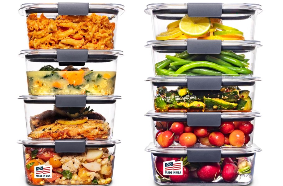 two stacks of Rubbermaid Brilliance containers
