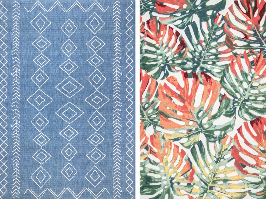 blue geometric and palm leaf print rugs