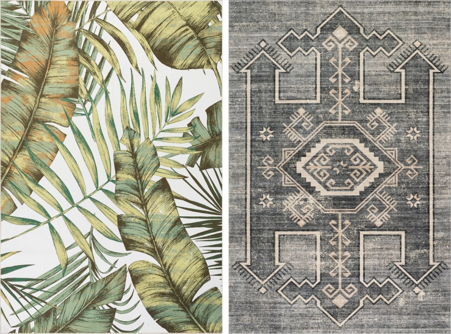 palm leaf print and grey geometric print rugs