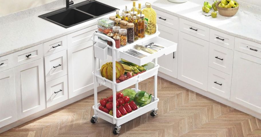 SUNALLY 3-Tier Rolling Storage Cart w/ Drawer in kitchen