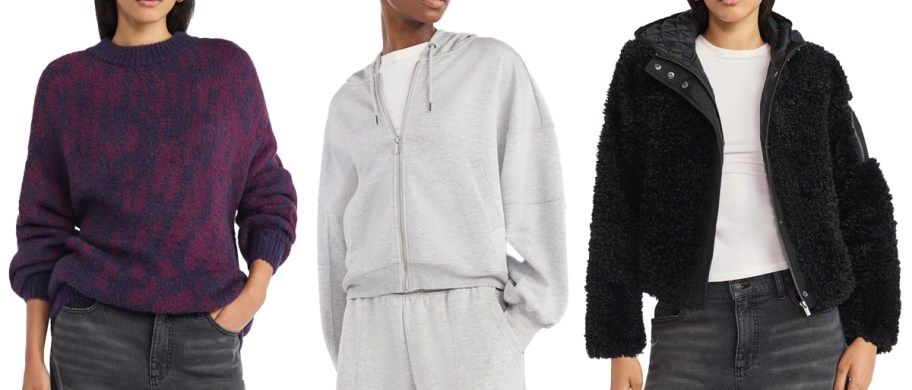 three women in purple sweater, grey hoodie, and black jacket