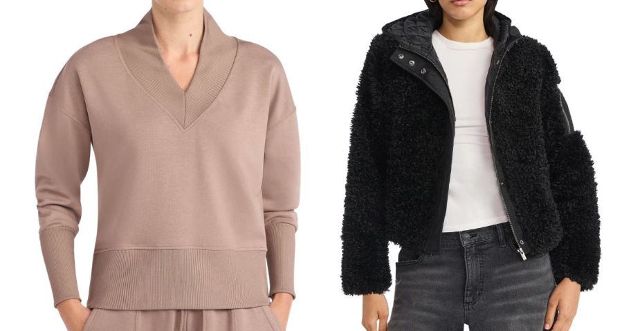 two women wearing Scoop Women's Scubaknit V Neck Sweatshirt and Teddy Jacket w Hood