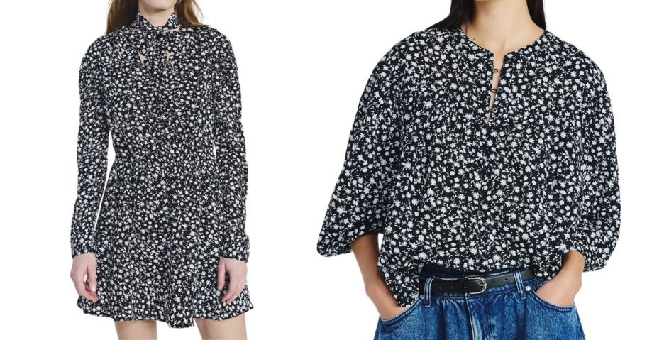 two women wearing Scoop Women's Tie Neck Mini Dress and Flowy Cotton Blouse