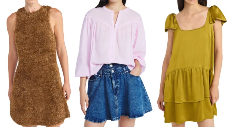 Scoop Women's Tinsel Sweater Mini Dress, Flowy Cotton Blouse, Satin Bow Mini Dress