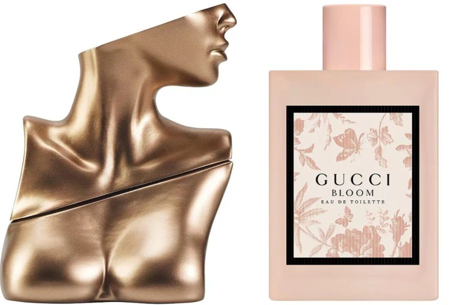 Stock images of Billie Eilish and Gucci Bloom perfumes