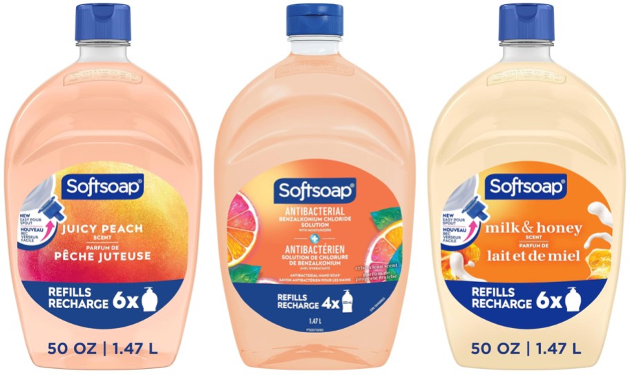 Softsoap Hand Soap Refill 50oz Bottles in Juicy Peach, Crisp Clean and Milk & Honey