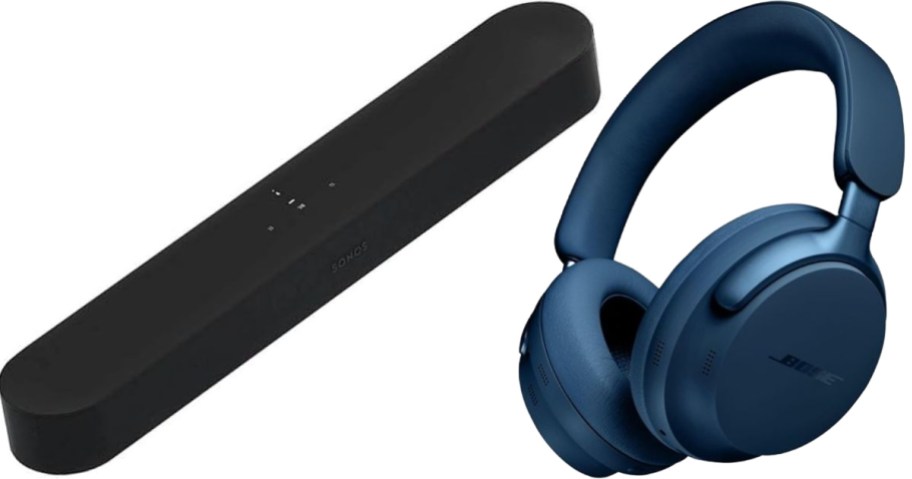 Stock images of a Sonos Soundbar and Bose Headphones
