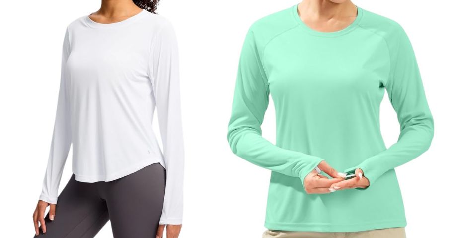 two women wearing Soothfeel Women's UPF 50+ Rash Guard and G Gradual Women's UPF 50+ Rash Guard